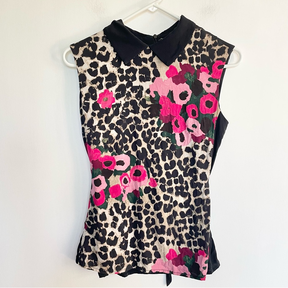 Samantha Sung 100% Silk Blouse Floral Leopard Collared Tank Top Black Size 4
